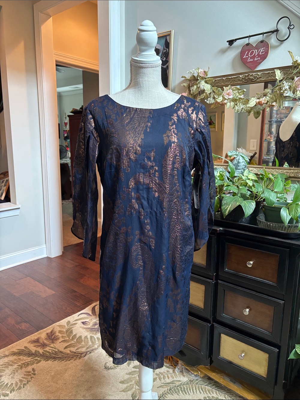 Chetta B Women's Navy Blue Metallic Paisley Sheath Dress